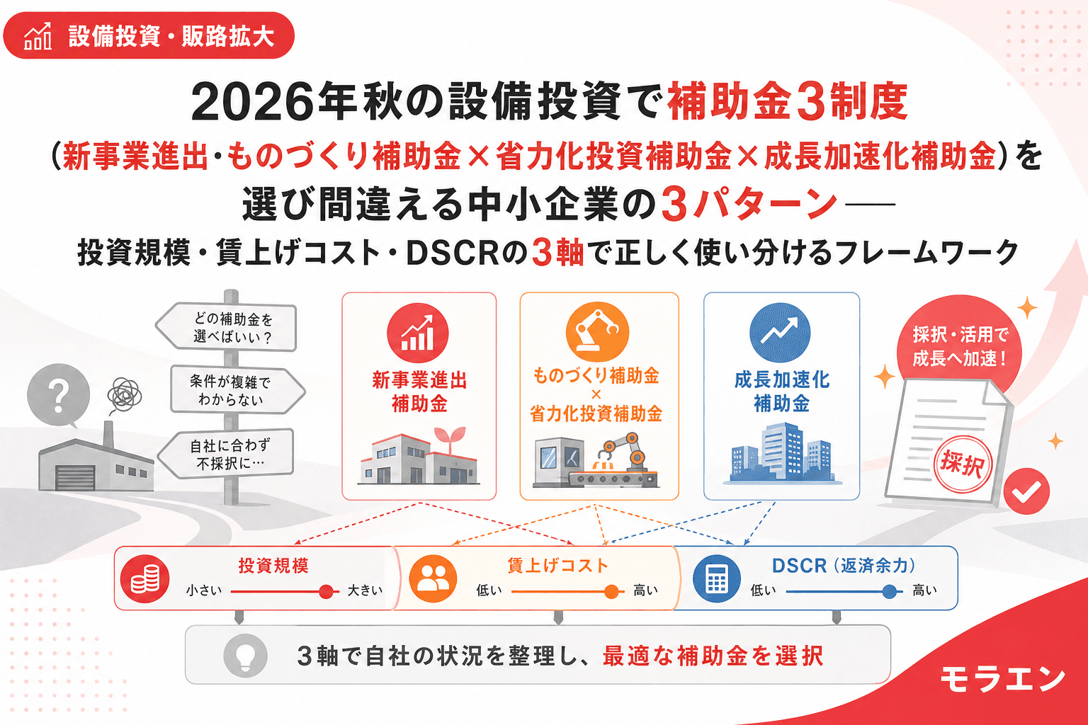 2026年秋の設備投資で補助金3制度(新事業進出・ものづくり補助金×省力化投資補助金×成長加速化補助金)を選び間違える中小企業の3パターン——投資規模・賃上げコスト・DSCRの3軸で正しく使い分けるフレームワーク