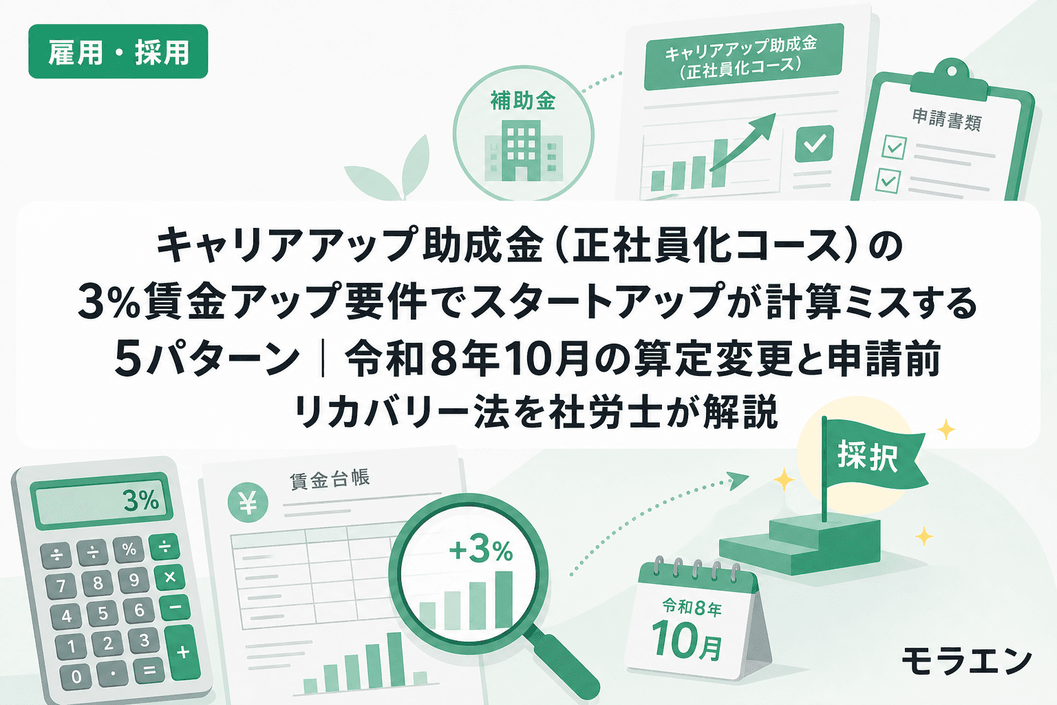 キャリアアップ助成金(正社員化コース)の3%賃金アップ要件でスタートアップが計算ミスする5パターン|令和8年10月の算定変更と申請前リカバリー法を社労士が解説