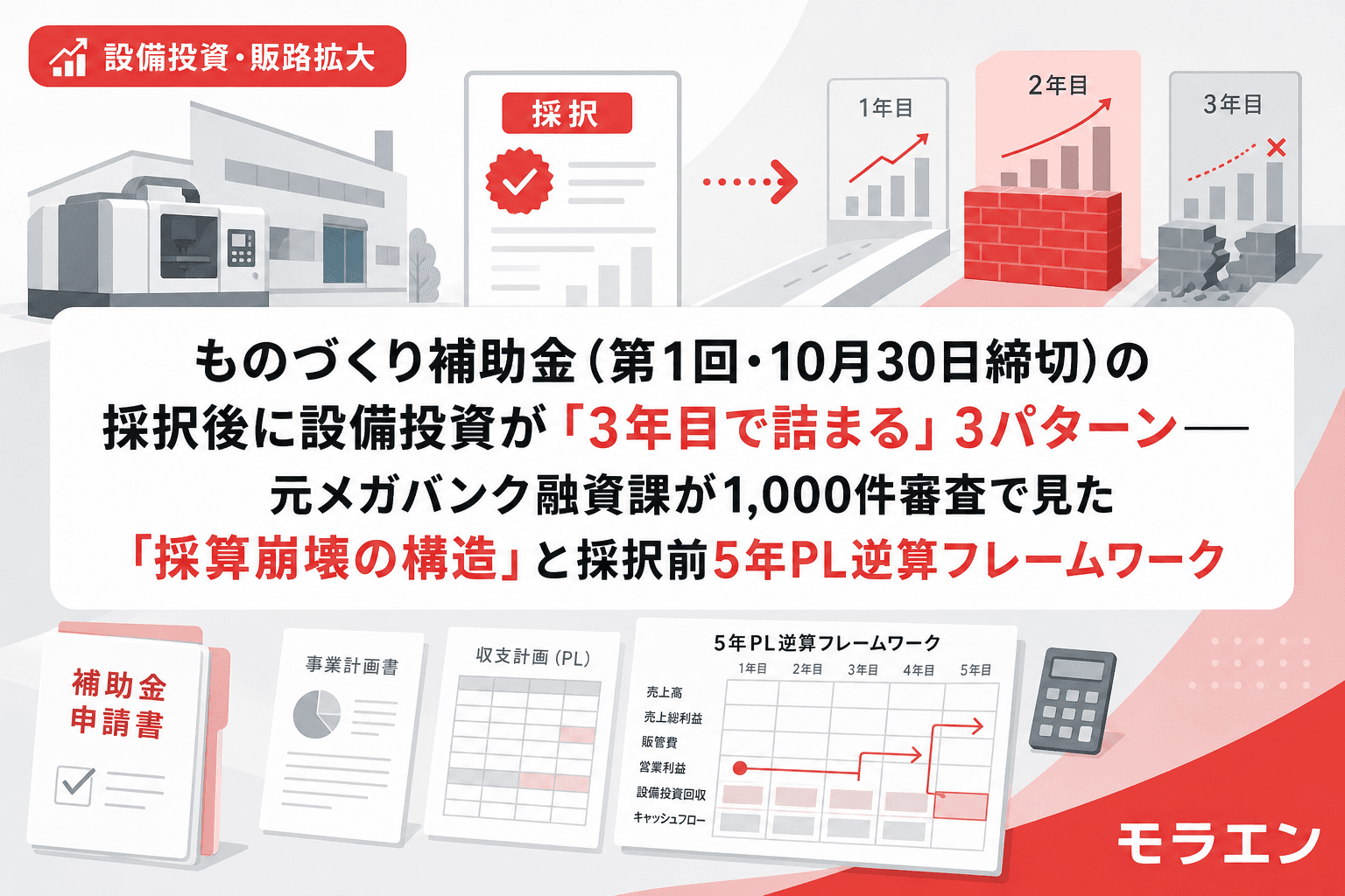 ものづくり補助金(第1回・10月30日締切)の採択後に設備投資が「3年目で詰まる」3パターン——元メガバンク融資課が1,000件審査で見た「採算崩壊の構造」と採択前5年PL逆算フレームワーク