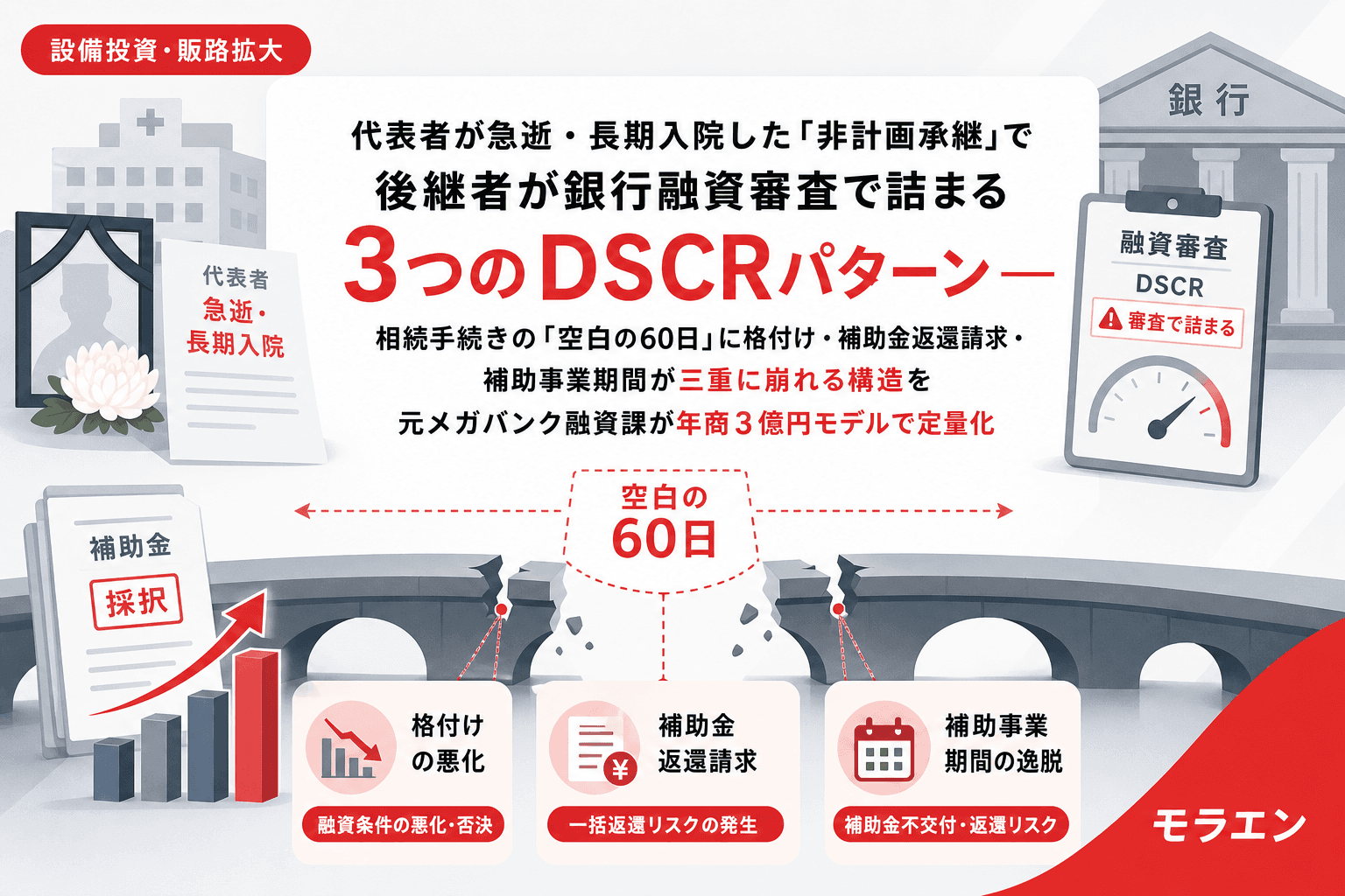 代表者が急逝・長期入院した「非計画承継」で後継者が銀行融資審査で詰まる3つのDSCRパターン——相続手続きの「空白の60日」に格付け・補助金返還請求・補助事業期間が三重に崩れる構造を元メガバンク融資課が年商3億円モデルで定量化