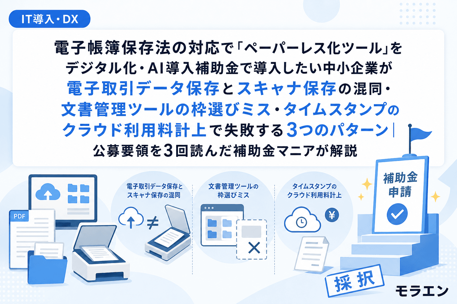 電子帳簿保存法の対応で「ペーパーレス化ツール」をデジタル化・AI導入補助金で導入したい中小企業が電子取引データ保存とスキャナ保存の混同・文書管理ツールの枠選びミス・タイムスタンプのクラウド利用料計上で失敗する3つのパターン|公募要領を3回読んだ補助金マニアが解説