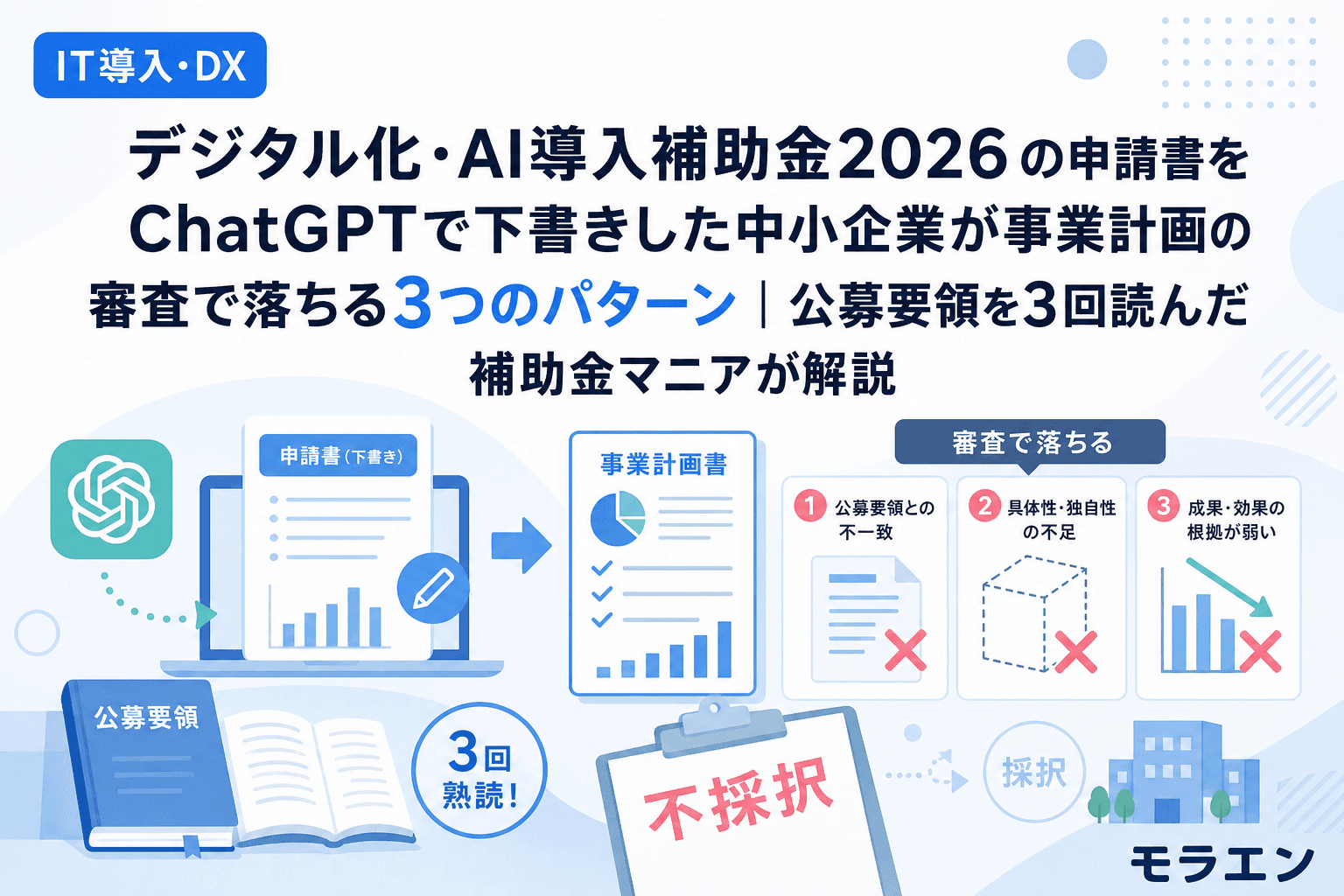 デジタル化・AI導入補助金2026の申請書をChatGPTで下書きした中小企業が事業計画の審査で落ちる3つのパターン|公募要領を3回読んだ補助金マニアが解説