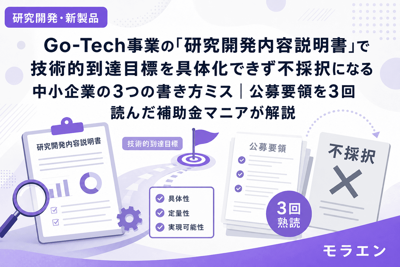 Go-Tech事業の「研究開発内容説明書」で技術的到達目標を具体化できず不採択になる中小企業の3つの書き方ミス|公募要領を3回読んだ補助金マニアが解説