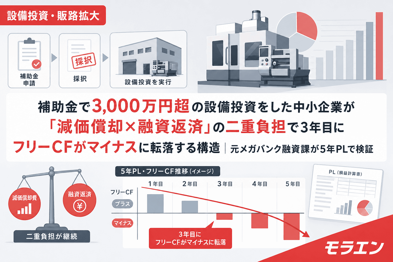 補助金で3,000万円超の設備投資をした中小企業が「減価償却×融資返済」の二重負担で3年目にフリーCFがマイナスに転落する構造|元メガバンク融資課が5年PLで検証