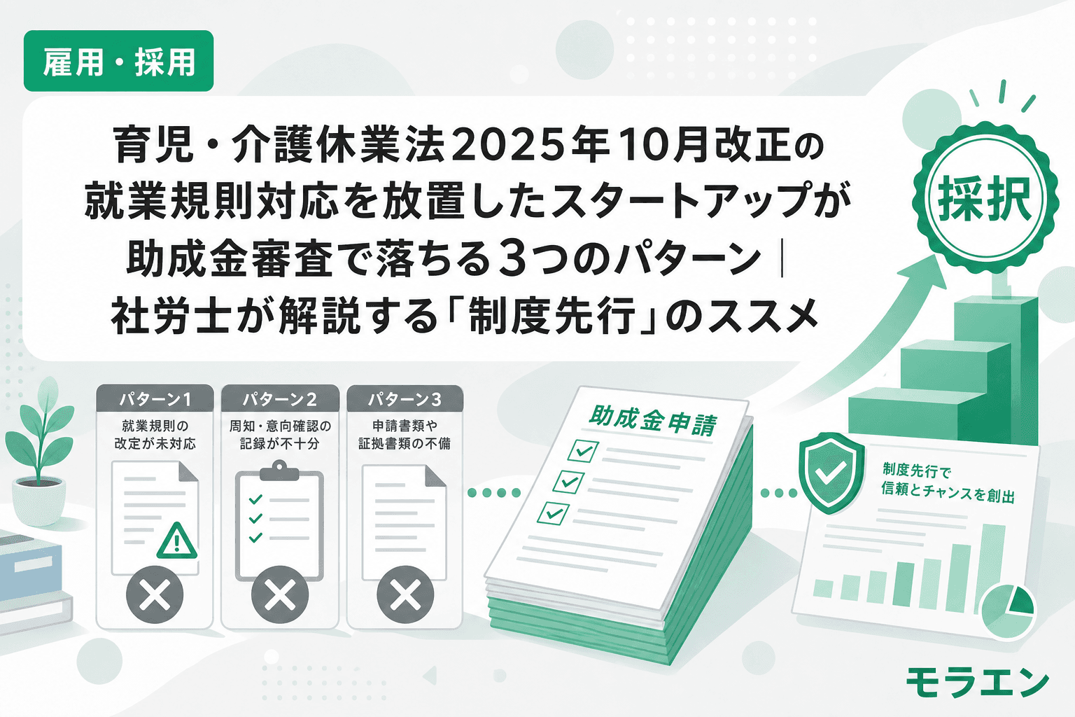 育児・介護休業法2025年10月改正の就業規則対応を放置したスタートアップが助成金審査で落ちる3つのパターン|社労士が解説する「制度先行」のススメ