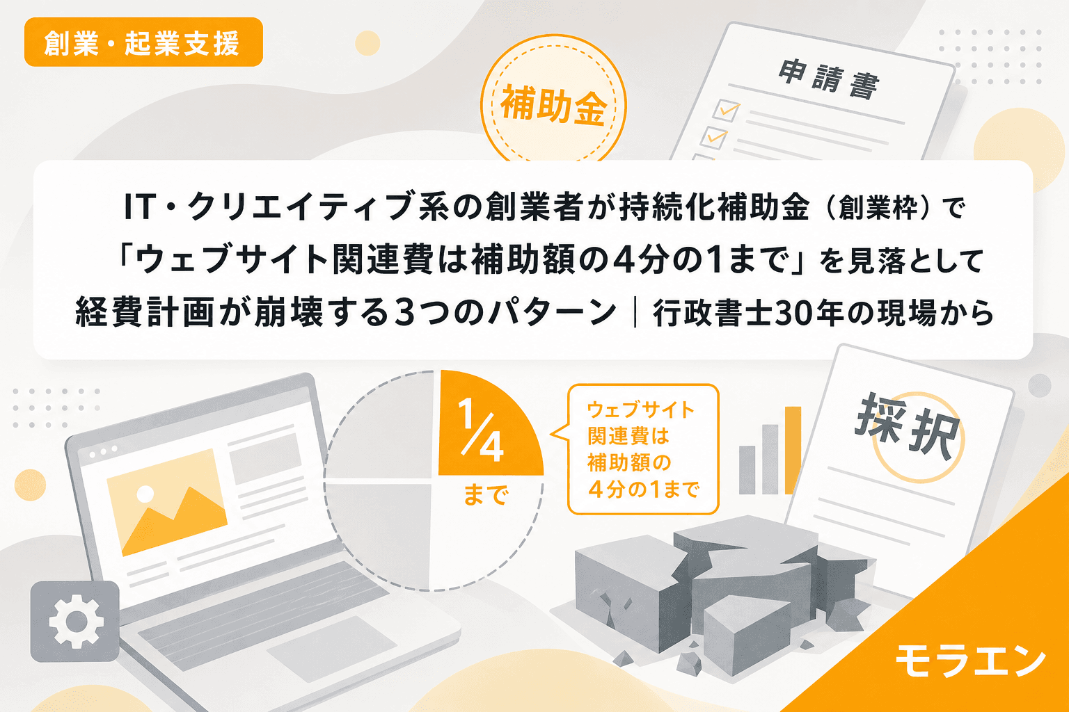 IT・クリエイティブ系の創業者が持続化補助金(創業枠)で「ウェブサイト関連費は補助額の4分の1まで」を見落として経費計画が崩壊する3つのパターン|行政書士30年の現場から