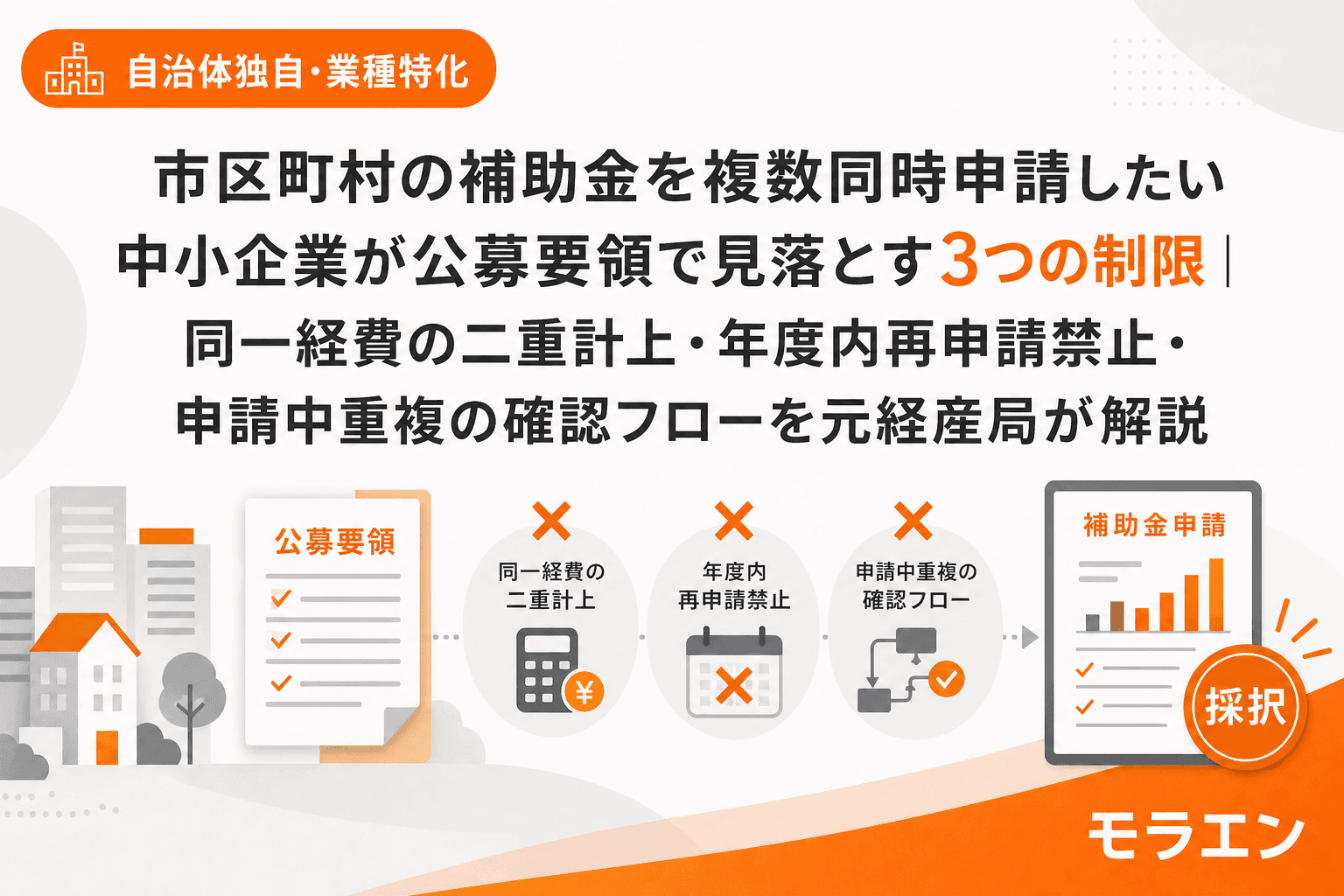 市区町村の補助金を複数同時申請したい中小企業が公募要領で見落とす3つの制限|同一経費の二重計上・年度内再申請禁止・申請中重複の確認フローを元経産局が解説