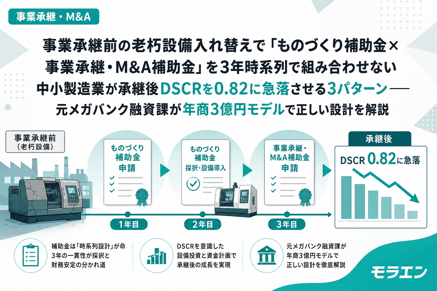 事業承継前の老朽設備入れ替えで「ものづくり補助金×事業承継・M&A補助金」を3年時系列で組み合わせない中小製造業が承継後DSCRを0.82に急落させる3パターン——元メガバンク融資課が年商3億円モデルで正しい設計を解説
