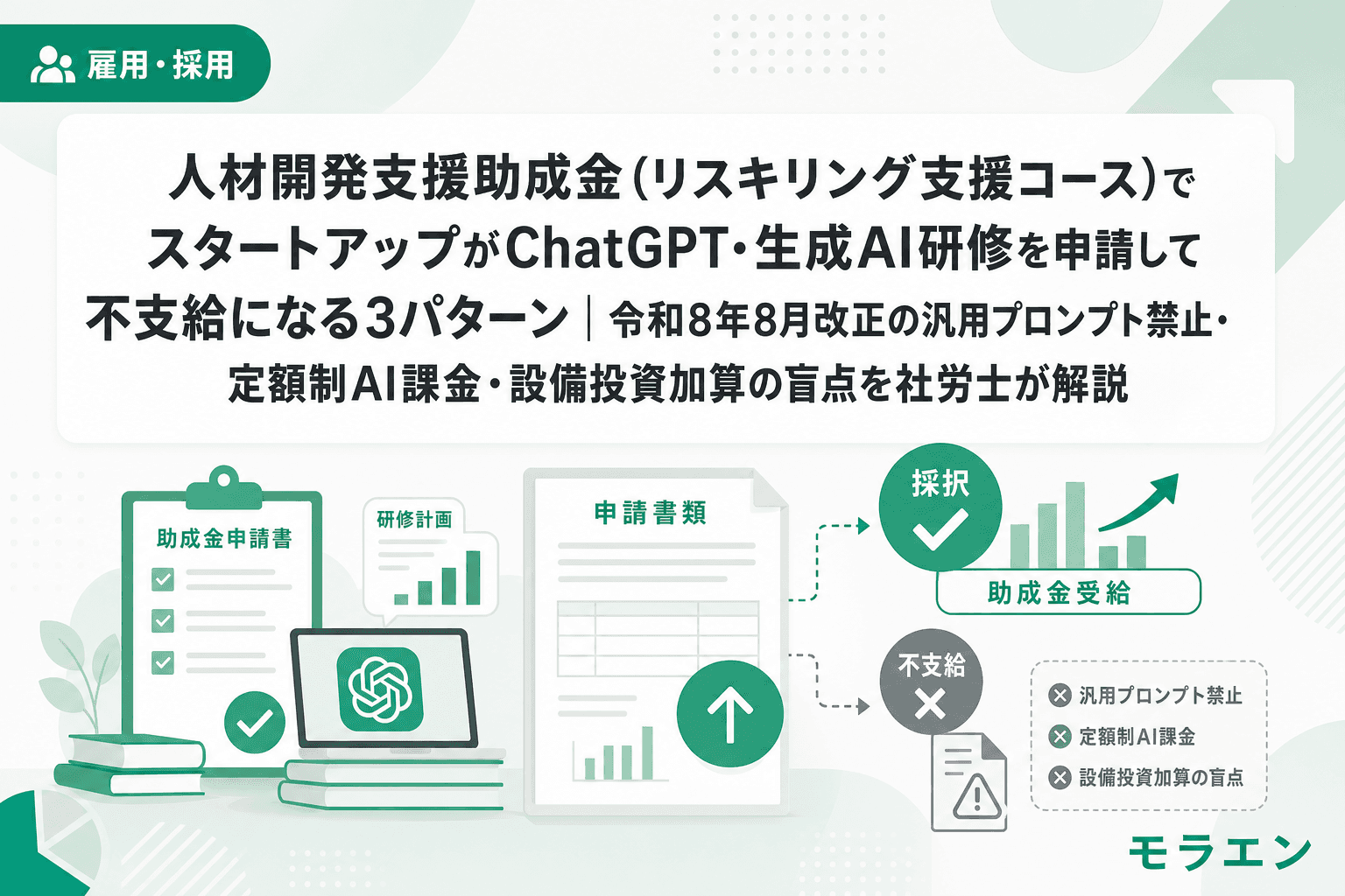 人材開発支援助成金(リスキリング支援コース)でスタートアップがChatGPT・生成AI研修を申請して不支給になる3パターン|令和8年8月改正の汎用プロンプト禁止・定額制AI課金・設備投資加算の盲点を社労士が解説