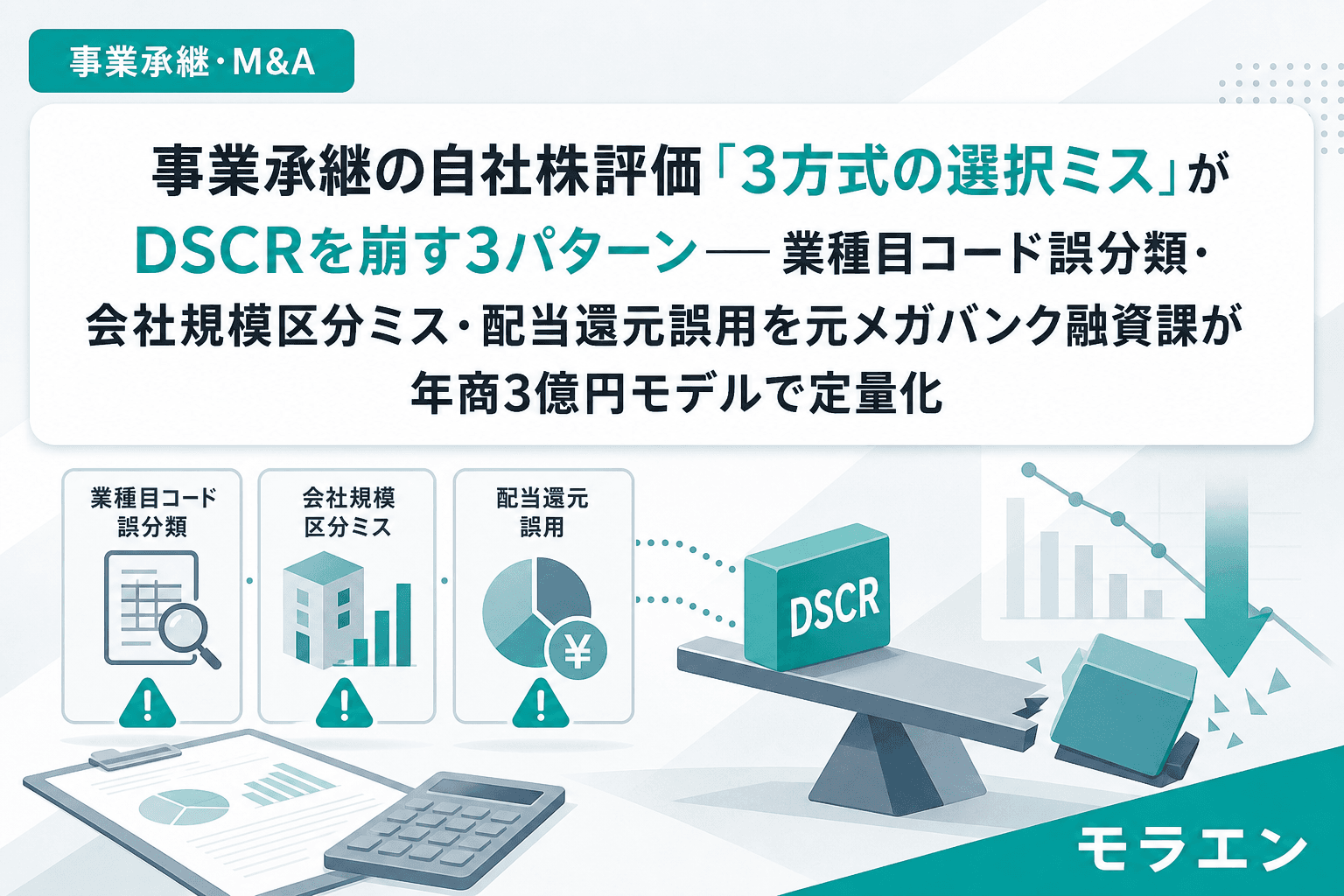 事業承継の自社株評価「3方式の選択ミス」がDSCRを崩す3パターン——業種目コード誤分類・会社規模区分ミス・配当還元誤用を元メガバンク融資課が年商3億円モデルで定量化