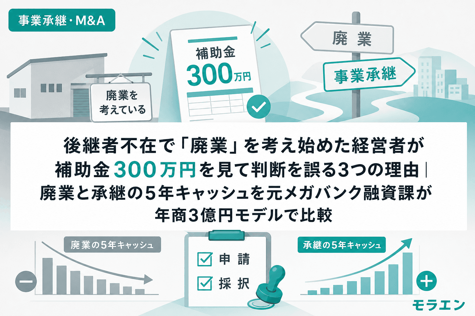 後継者不在で「廃業」を考え始めた経営者が補助金300万円を見て判断を誤る3つの理由|廃業と承継の5年キャッシュを元メガバンク融資課が年商3億円モデルで比較