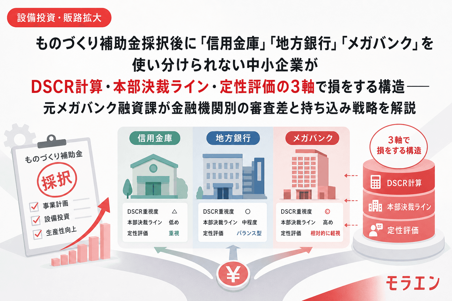 ものづくり補助金採択後に「信用金庫」「地方銀行」「メガバンク」を使い分けられない中小企業がDSCR計算・本部決裁ライン・定性評価の3軸で損をする構造——元メガバンク融資課が金融機関別の審査差と持ち込み戦略を解説