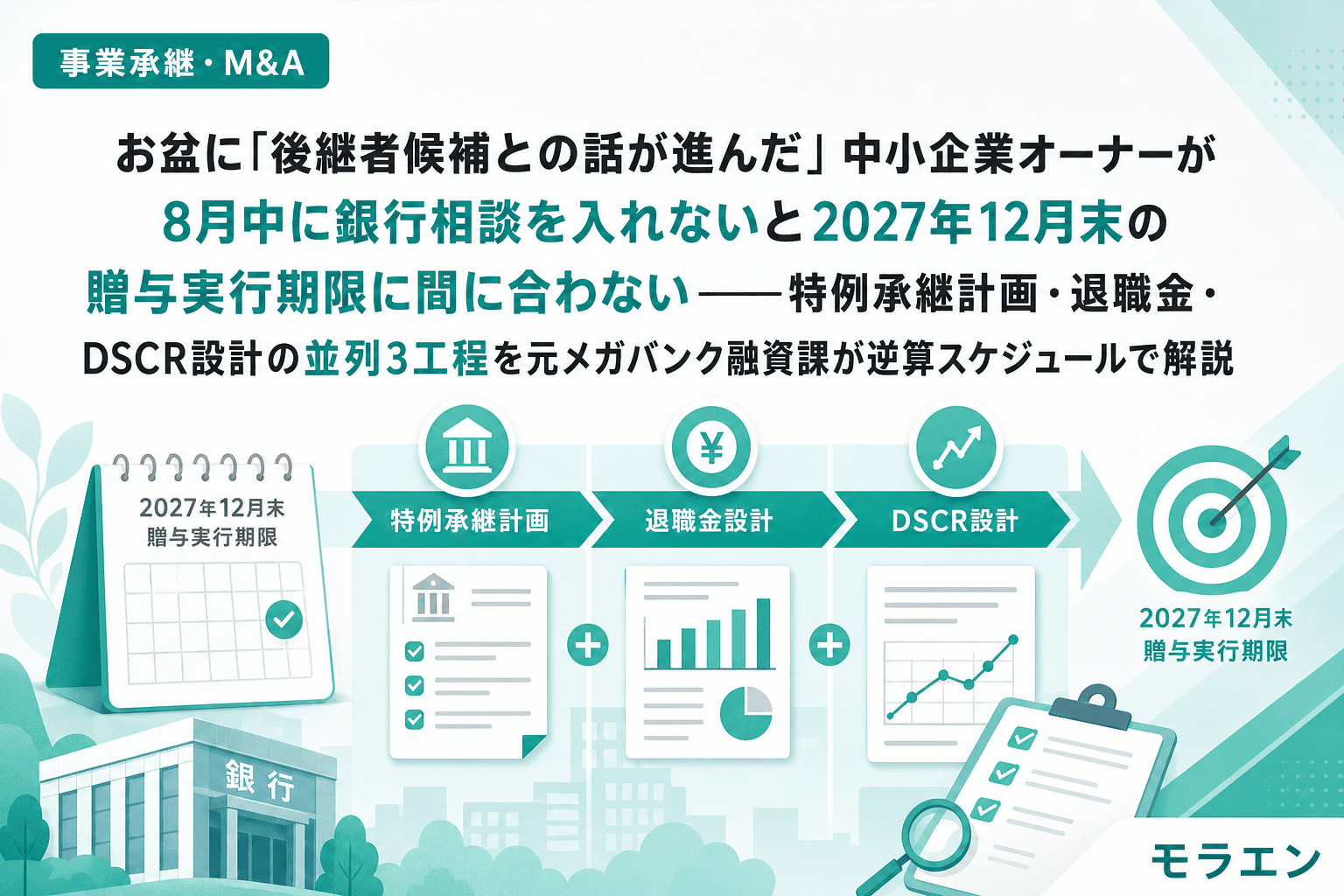 お盆に「後継者候補との話が進んだ」中小企業オーナーが8月中に銀行相談を入れないと2027年12月末の贈与実行期限に間に合わない——特例承継計画・退職金・DSCR設計の並列3工程を元メガバンク融資課が逆算スケジュールで解説