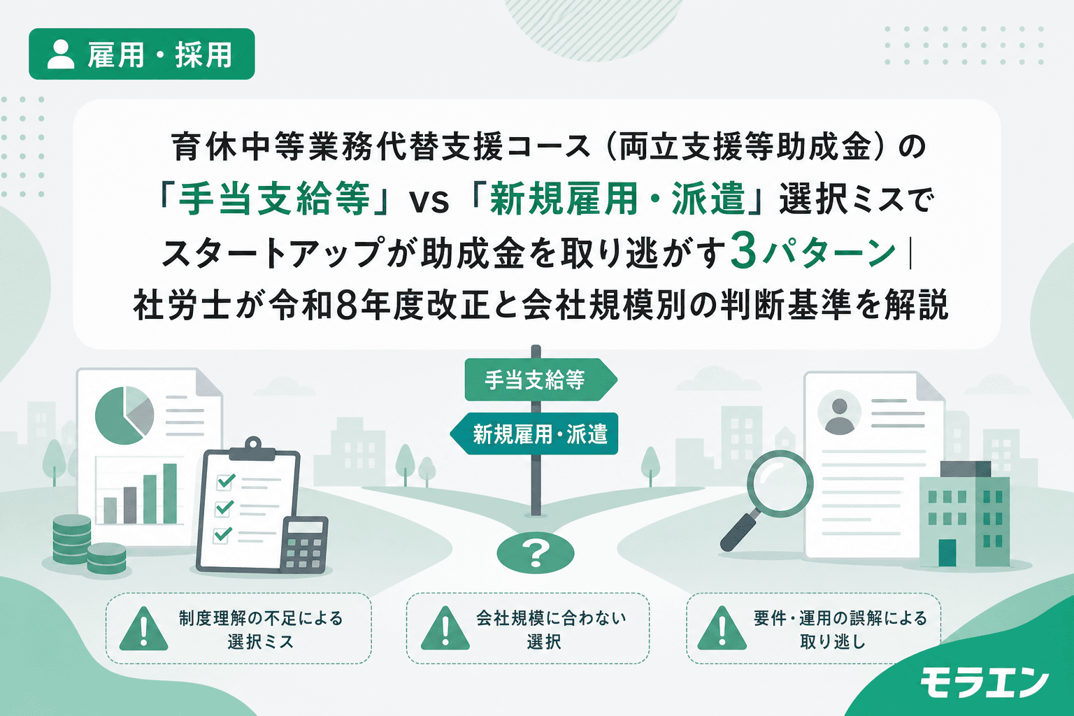 育休中等業務代替支援コース(両立支援等助成金)の「手当支給等」vs「新規雇用・派遣」選択ミスでスタートアップが助成金を取り逃がす3パターン|社労士が令和8年度改正と会社規模別の判断基準を解説