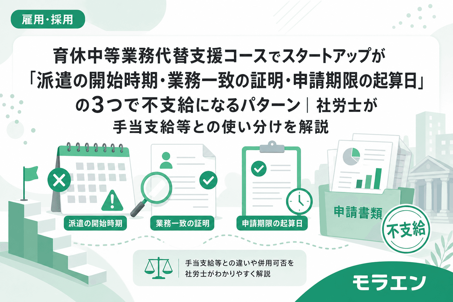 育休中等業務代替支援コースでスタートアップが「派遣の開始時期・業務一致の証明・申請期限の起算日」の3つで不支給になるパターン|社労士が手当支給等との使い分けを解説