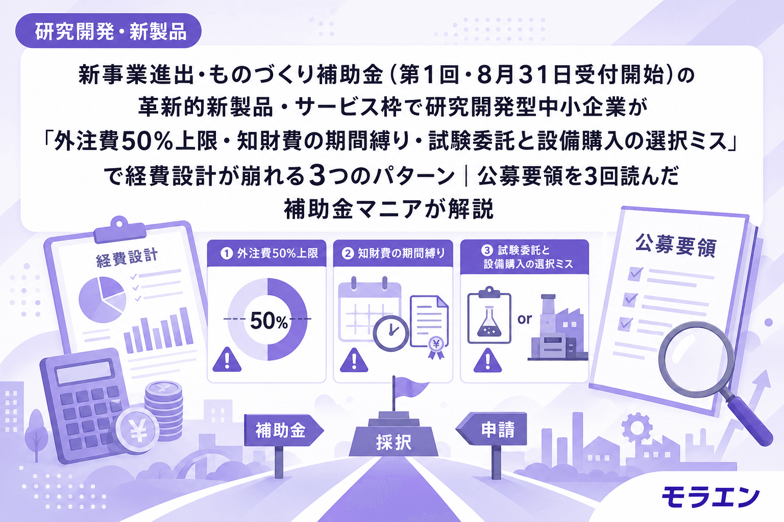 新事業進出・ものづくり補助金(第1回・8月31日受付開始)の革新的新製品・サービス枠で研究開発型中小企業が「外注費50%上限・知財費の期間縛り・試験委託と設備購入の選択ミス」で経費設計が崩れる3つのパターン|公募要領を3回読んだ補助金マニアが解説
