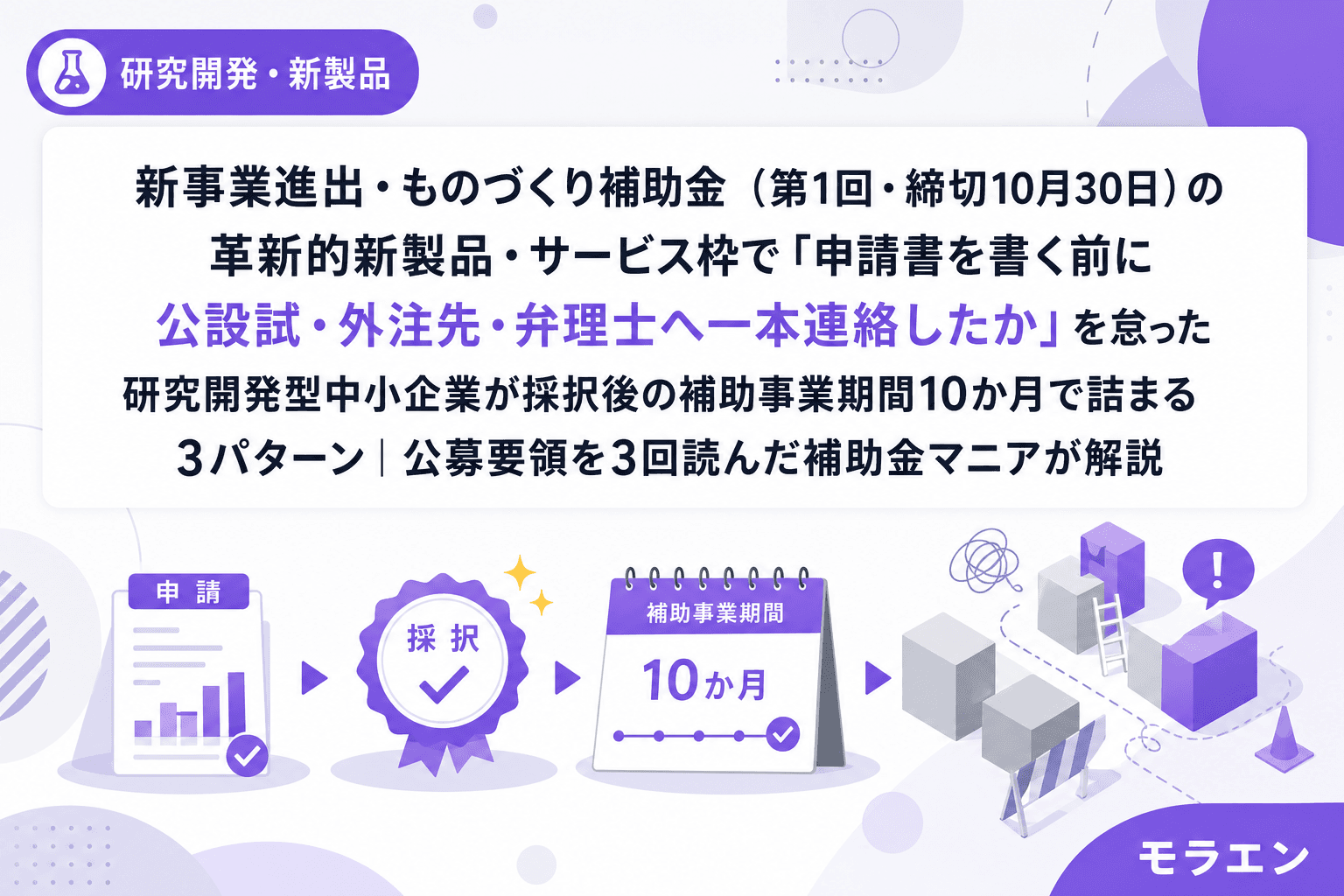 新事業進出・ものづくり補助金(第1回・締切10月30日)の革新的新製品・サービス枠で「申請書を書く前に公設試・外注先・弁理士へ一本連絡したか」を怠った研究開発型中小企業が採択後の補助事業期間10か月で詰まる3パターン|公募要領を3回読んだ補助金マニアが解説