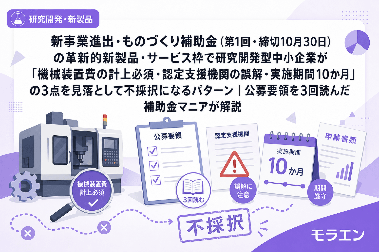 新事業進出・ものづくり補助金(第1回・締切10月30日)の革新的新製品・サービス枠で研究開発型中小企業が「機械装置費の計上必須・認定支援機関の誤解・実施期間10か月」の3点を見落として不採択になるパターン|公募要領を3回読んだ補助金マニアが解説