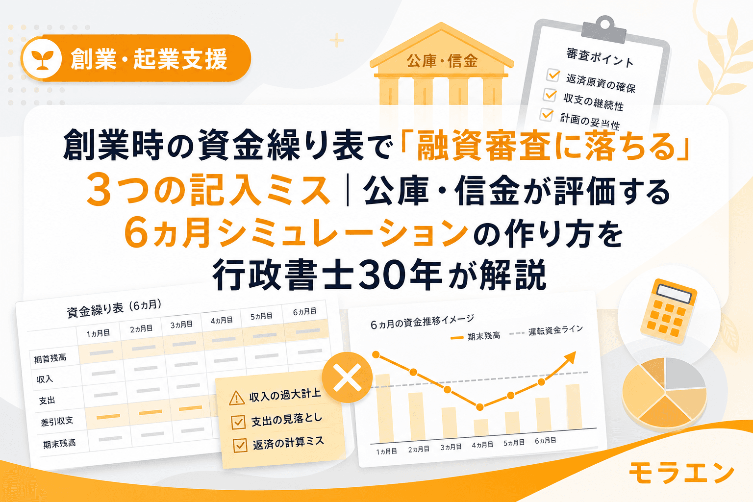 創業時の資金繰り表で「融資審査に落ちる」3つの記入ミス|公庫・信金が評価する6カ月シミュレーションの作り方を行政書士30年が解説