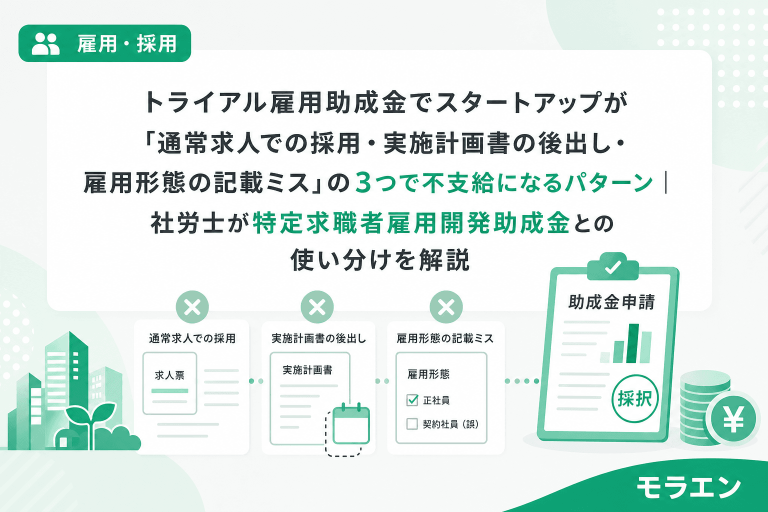 トライアル雇用助成金でスタートアップが「通常求人での採用・実施計画書の後出し・雇用形態の記載ミス」の3つで不支給になるパターン|社労士が特定求職者雇用開発助成金との使い分けを解説